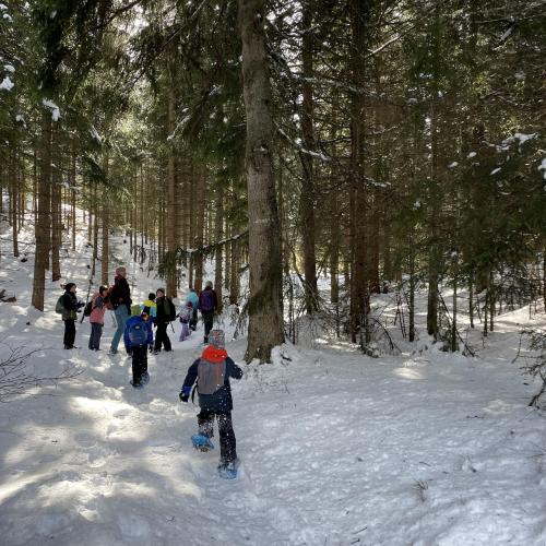 Kinder mit Schneeschuhen im Wald