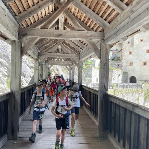 Kimder gehen über die Brücke 