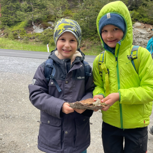 zwei Kinder mit einer Baumrinde